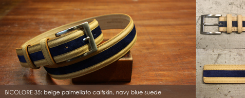 BICOLORE 35: beige palmellato calfskin, navy blue suede